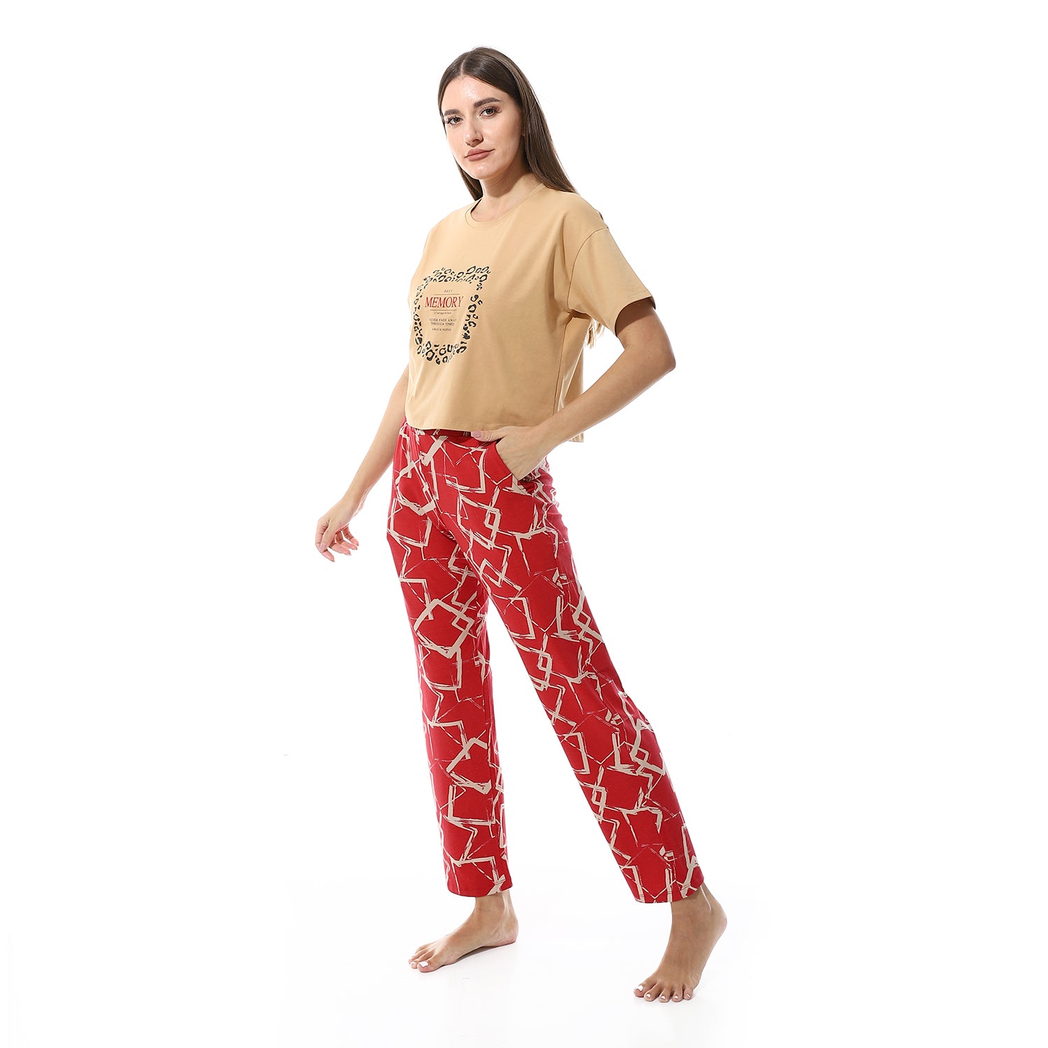 Women's Summer Pajamas Crop Shirt & Pants -Beige & Red