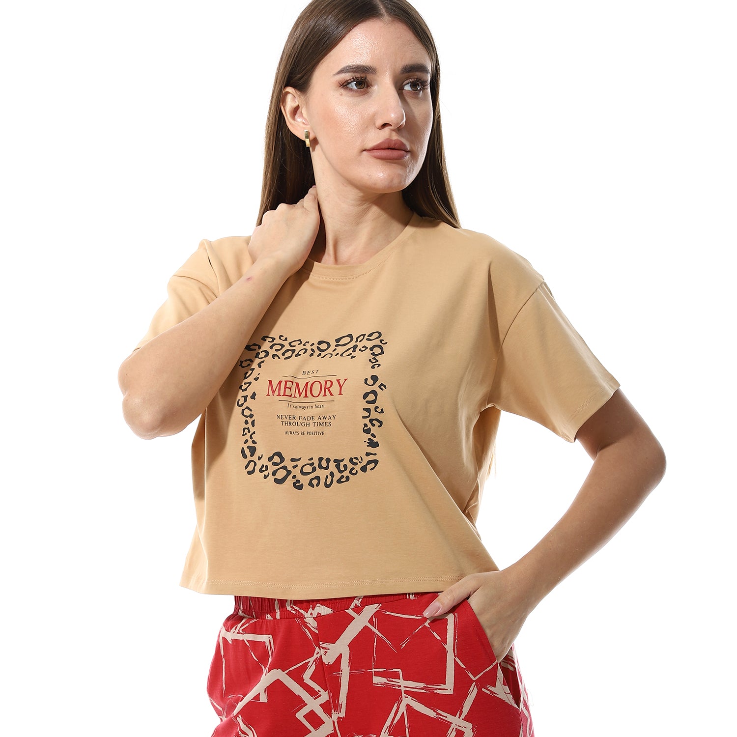 Women's Summer Pajamas Crop Shirt & Pants -Beige & Red