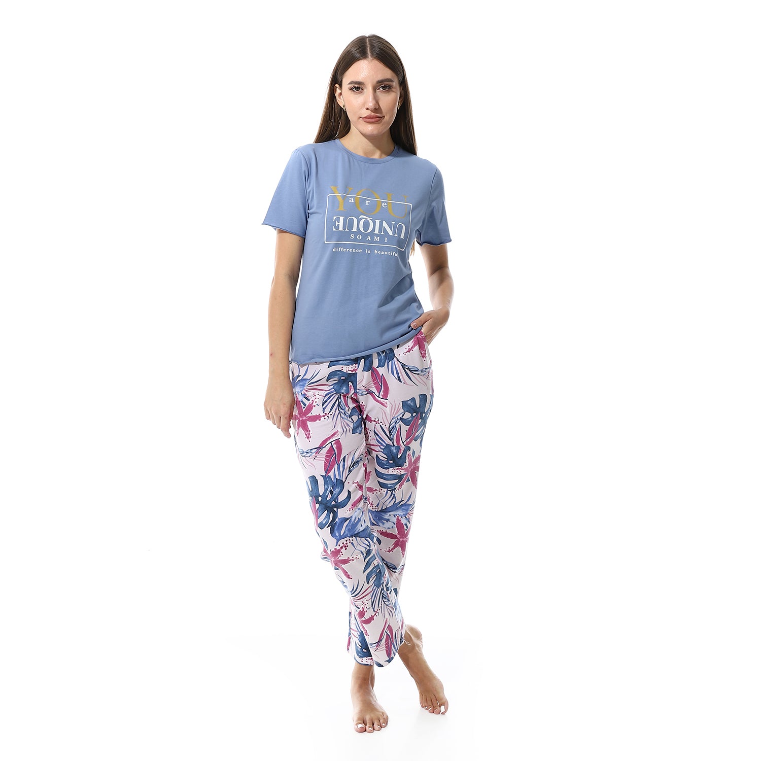 Women's Summer Pajamas Stylish Blue Shirt & white Pants