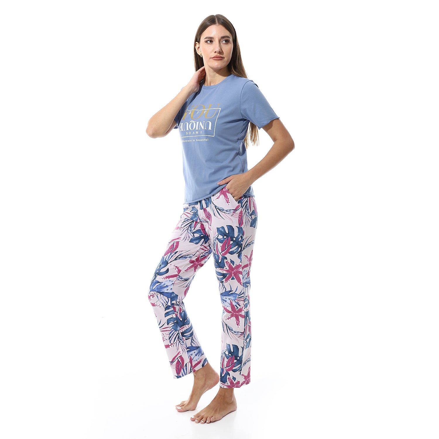 Women's Summer Pajamas Stylish Blue Shirt & white Pants