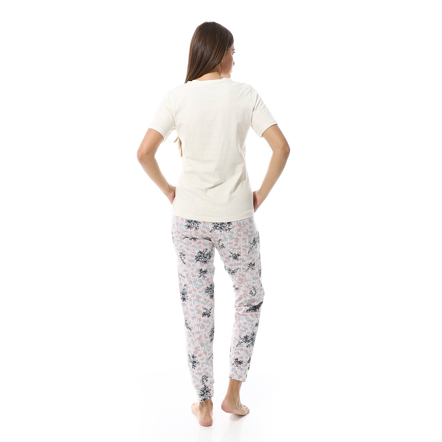 Short Sleeves Tee & Patterned Pants Pajama Set - White