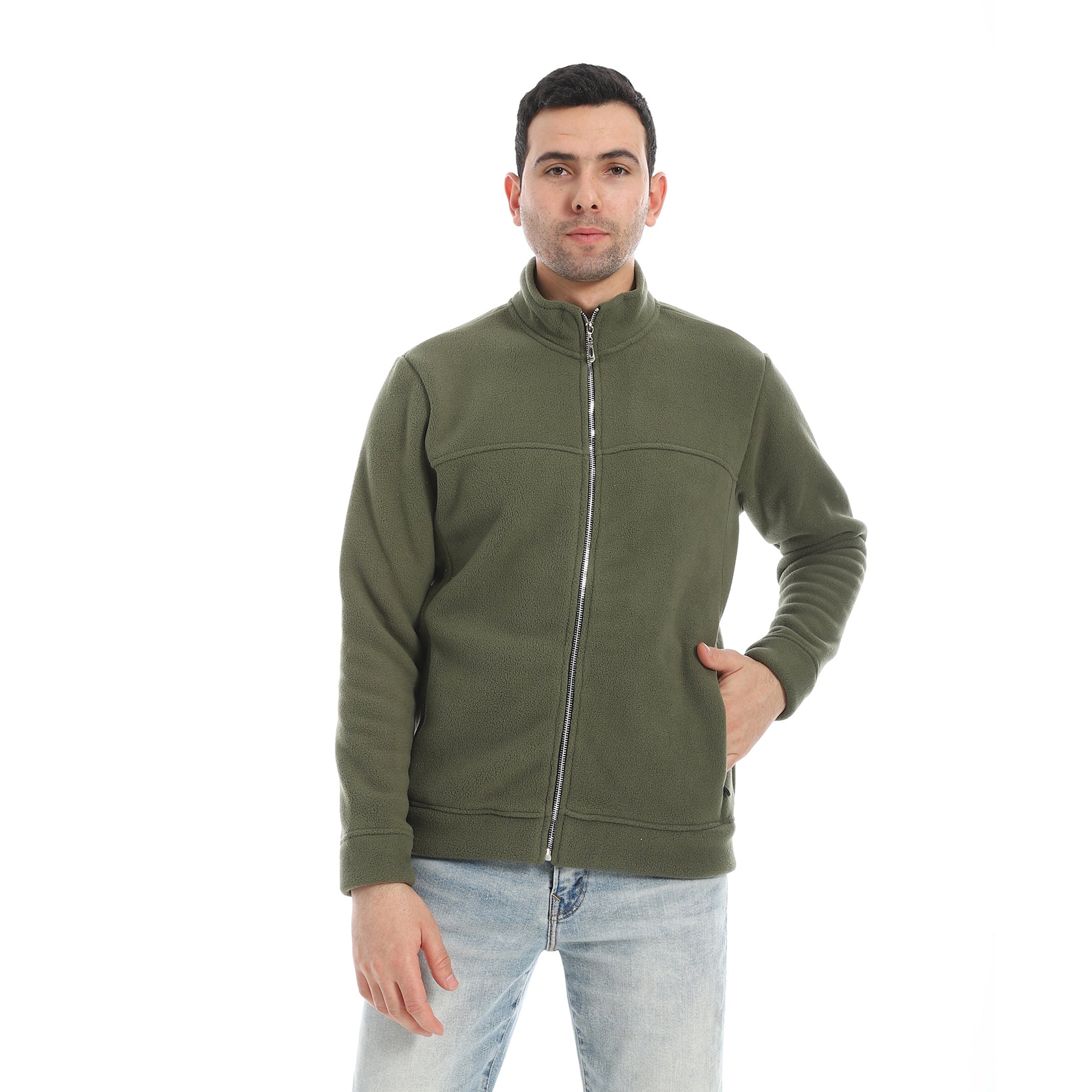 Men’s Olive Green Full-Zip Jacket with High Collar