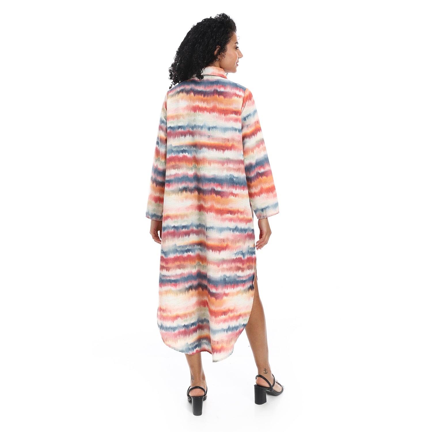 Elegant Striped Maxi Shirt Dress - Orange