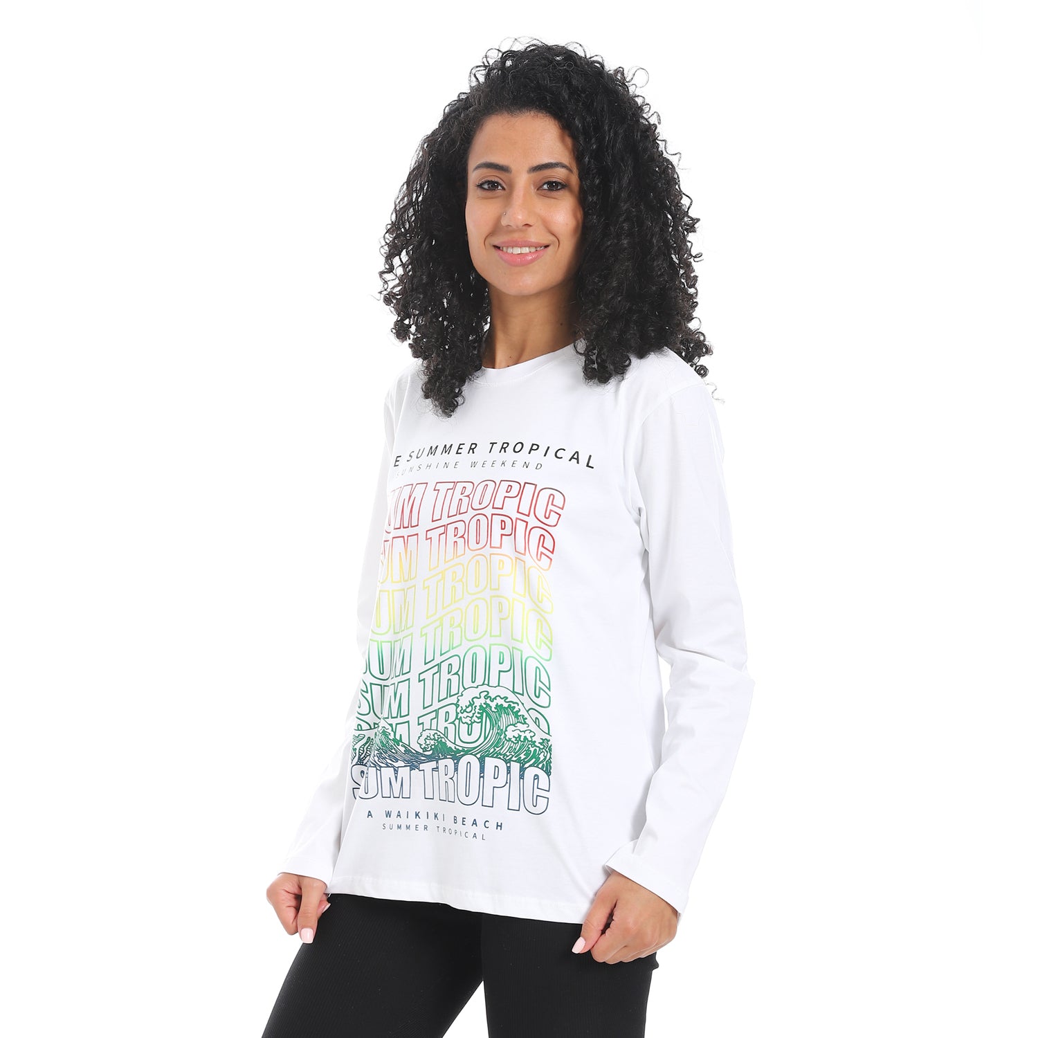 Women's Long Sleeve T-Shirt with Summer Tropic Print - White