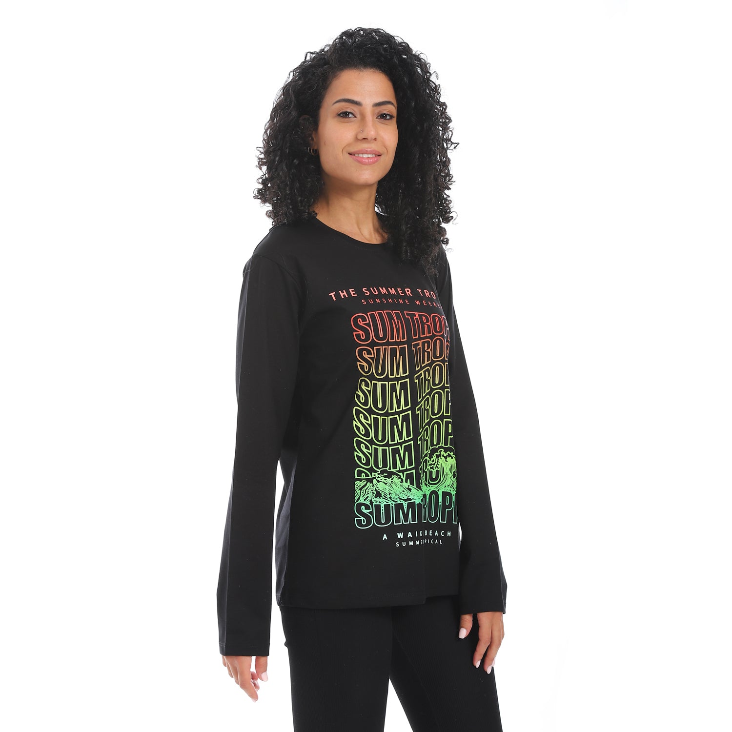 Women's Long Sleeve T-Shirt with Summer Tropic Print - Black