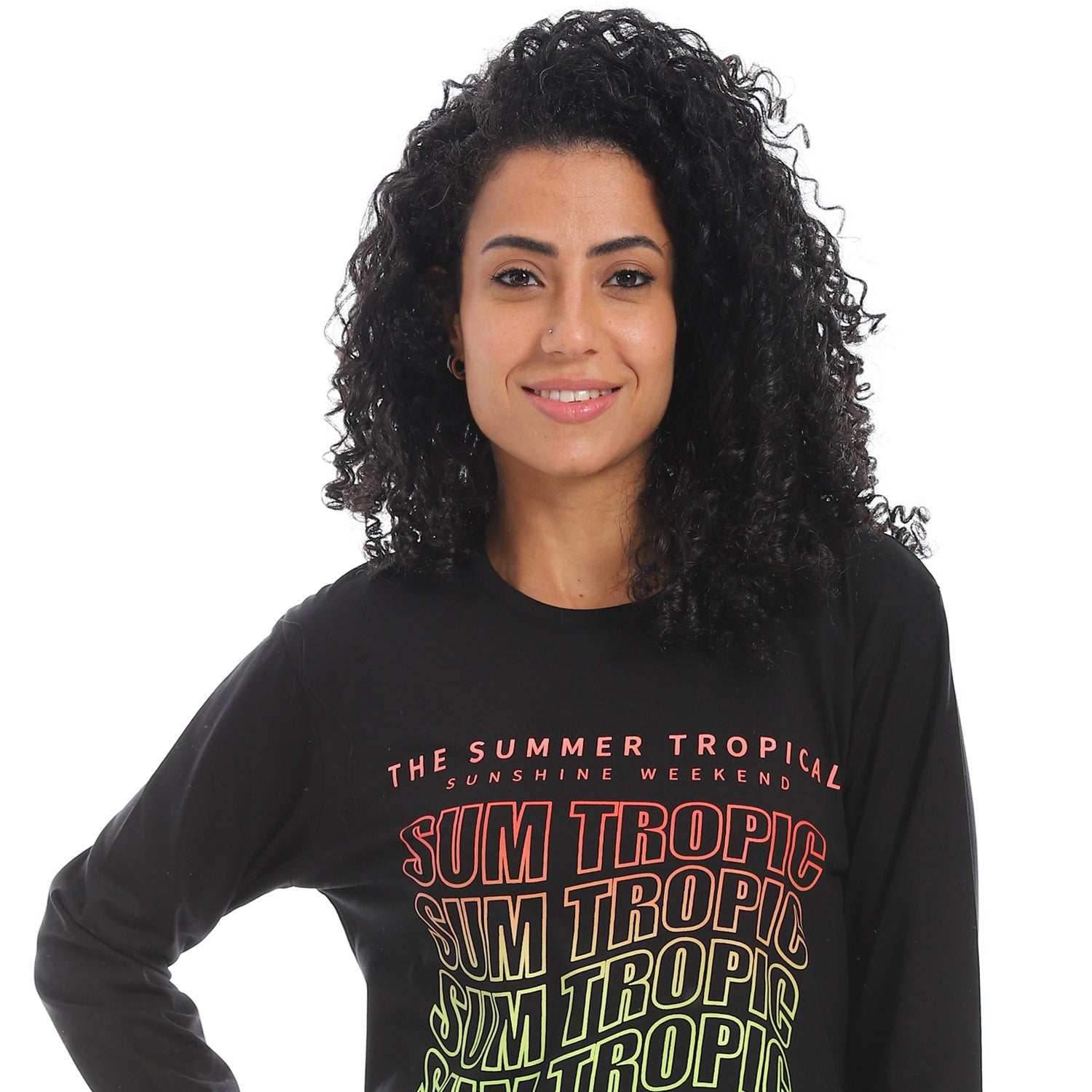 Women's Long Sleeve T-Shirt with Summer Tropic Print - Black
