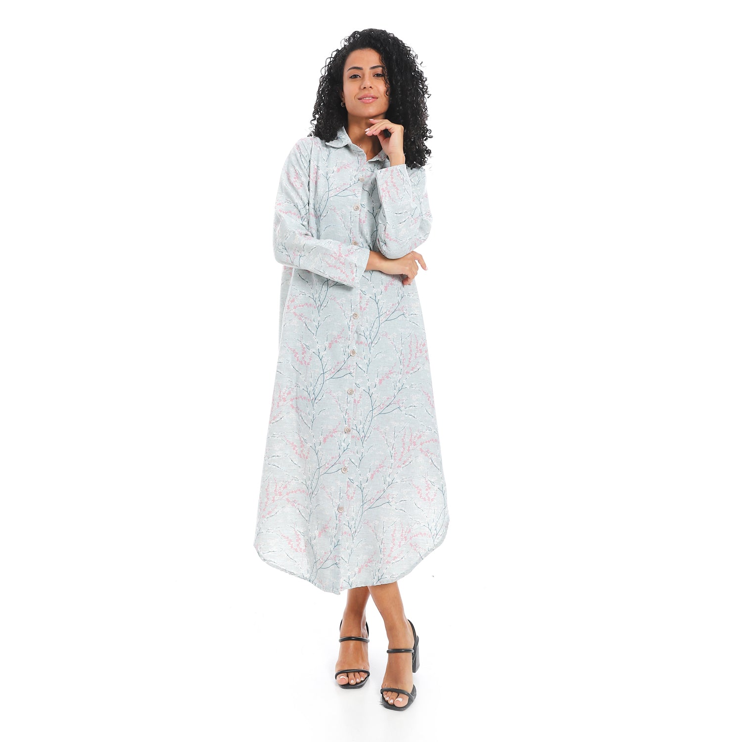 Elegant Striped Maxi Shirt Dress - Lite Blue