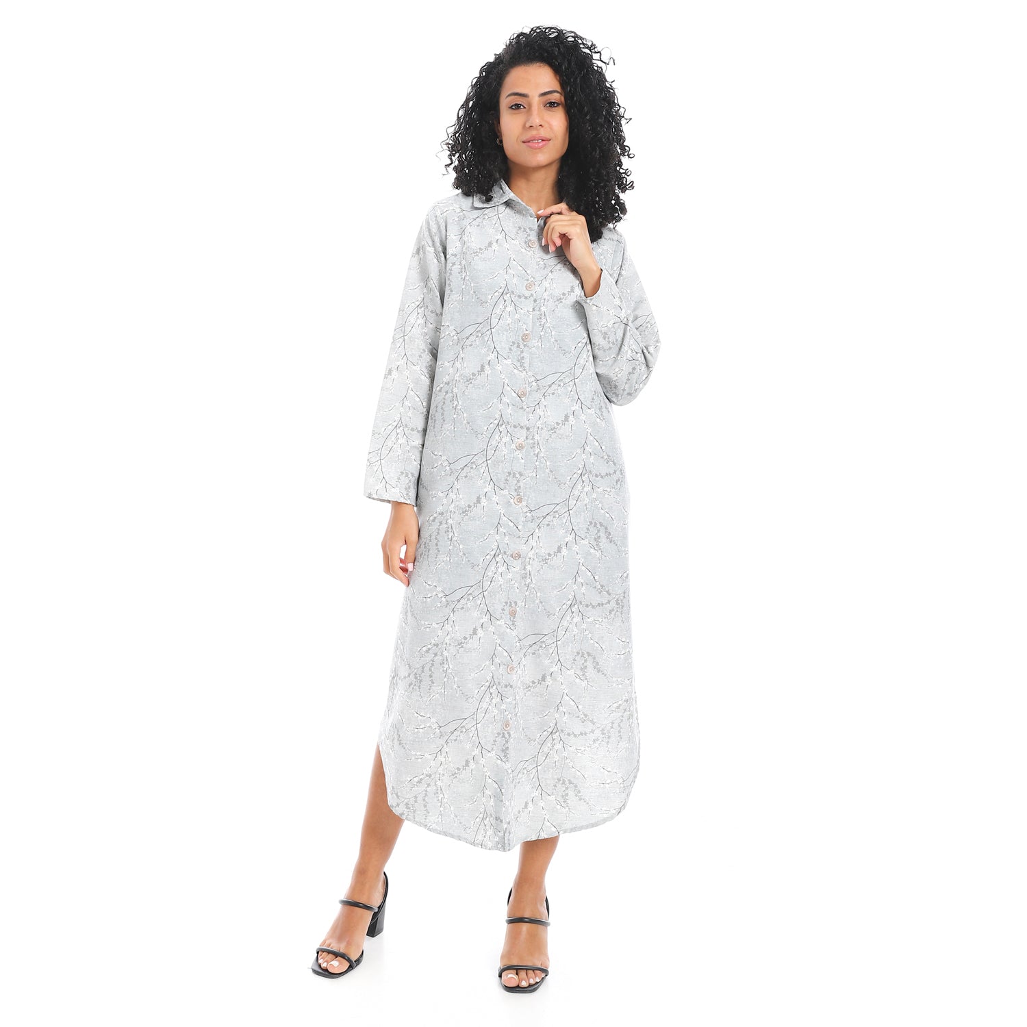 Elegant Striped Maxi Shirt Dress - Grey