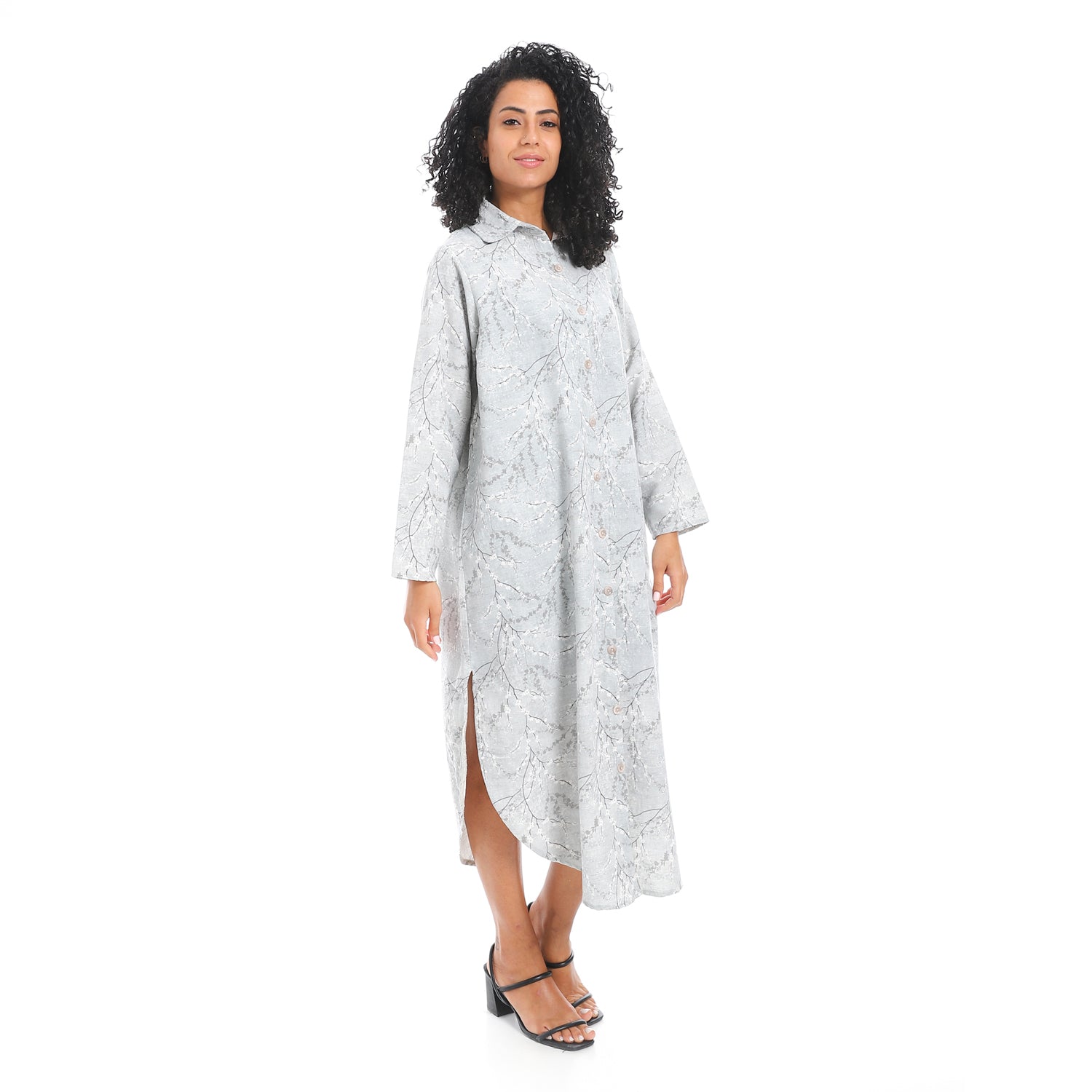 Elegant Striped Maxi Shirt Dress - Grey