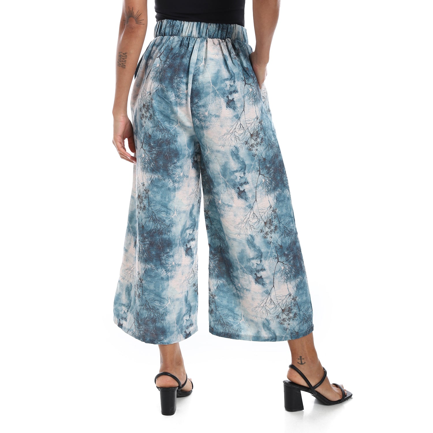 Wide leg pants, half elastic waist - Navy