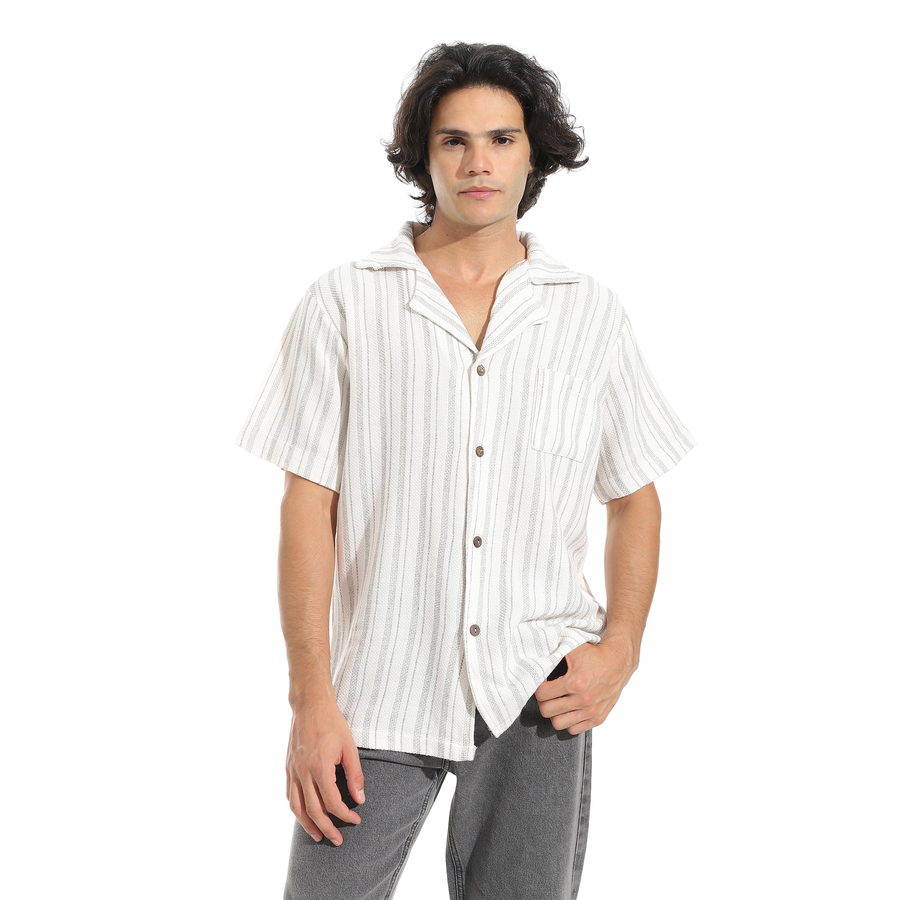 Men’s Short Sleeve Linen Striped Olive Shirt