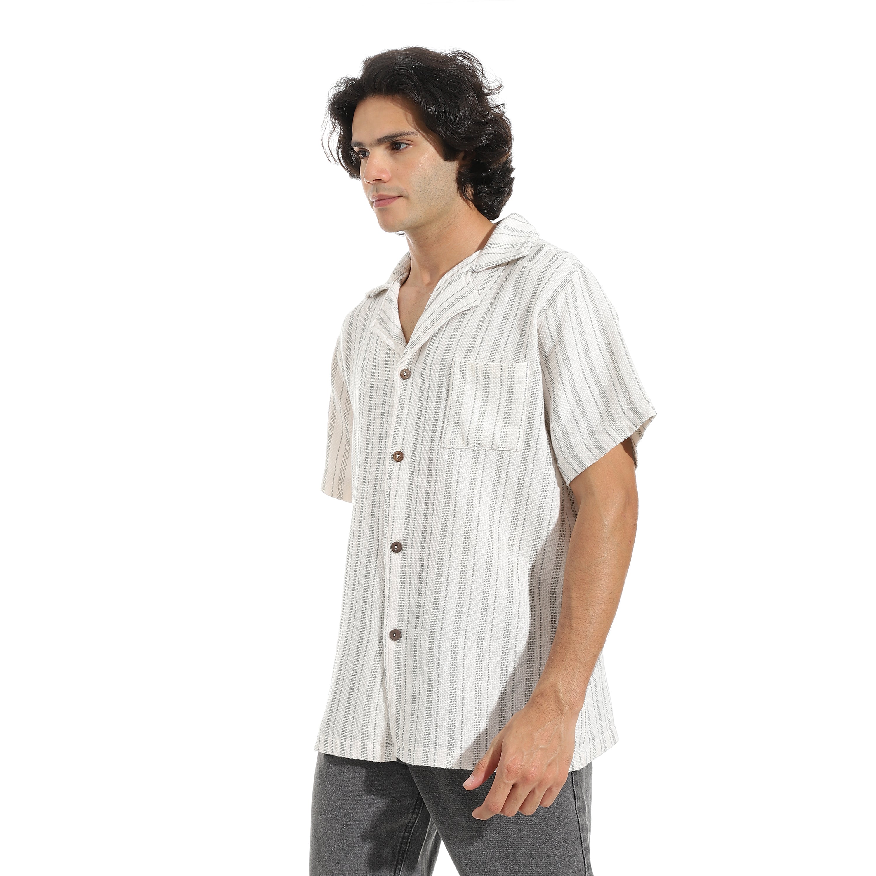 Men’s Short Sleeve Linen Striped Olive Shirt