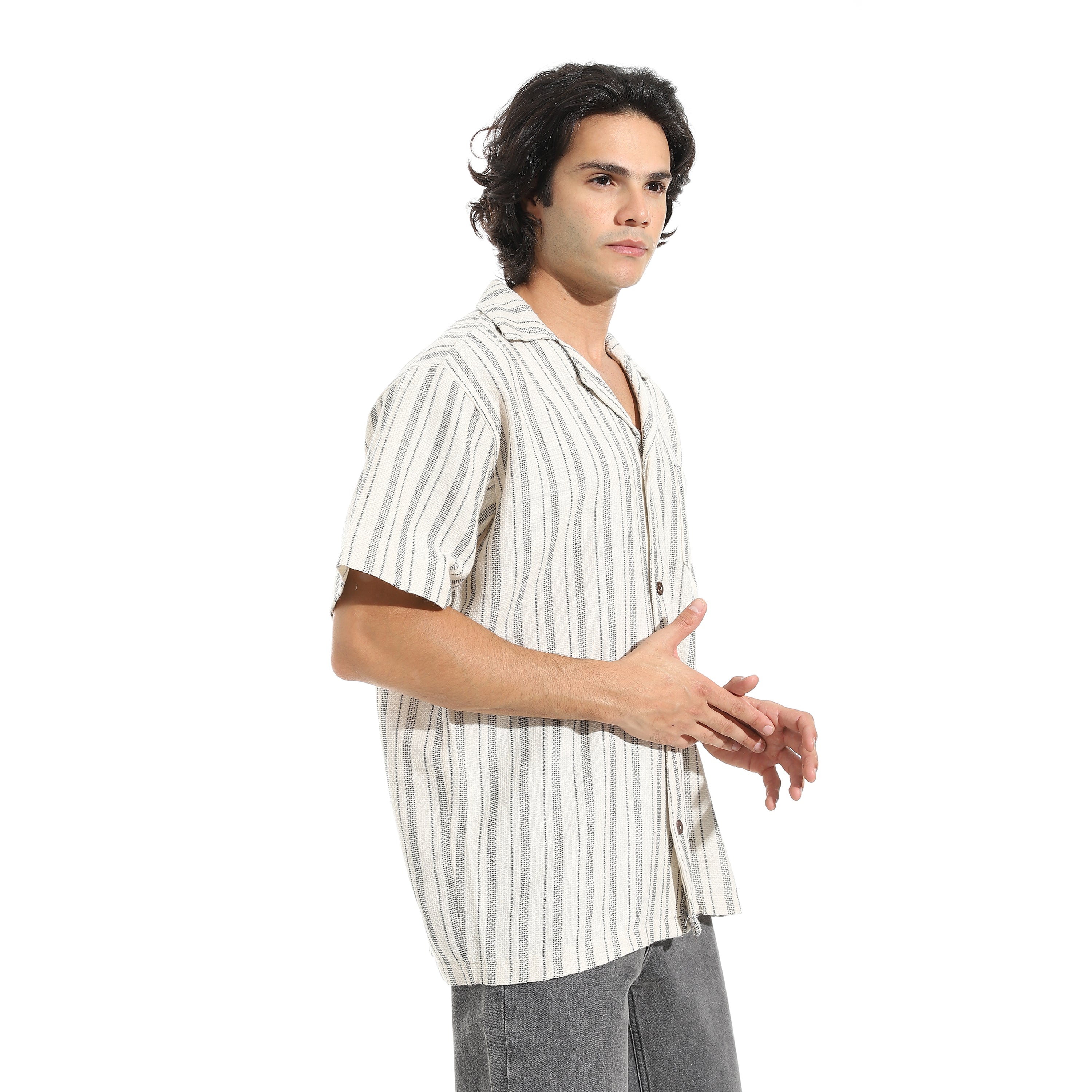 Men’s Short Sleeve Linen Striped Black Shirt