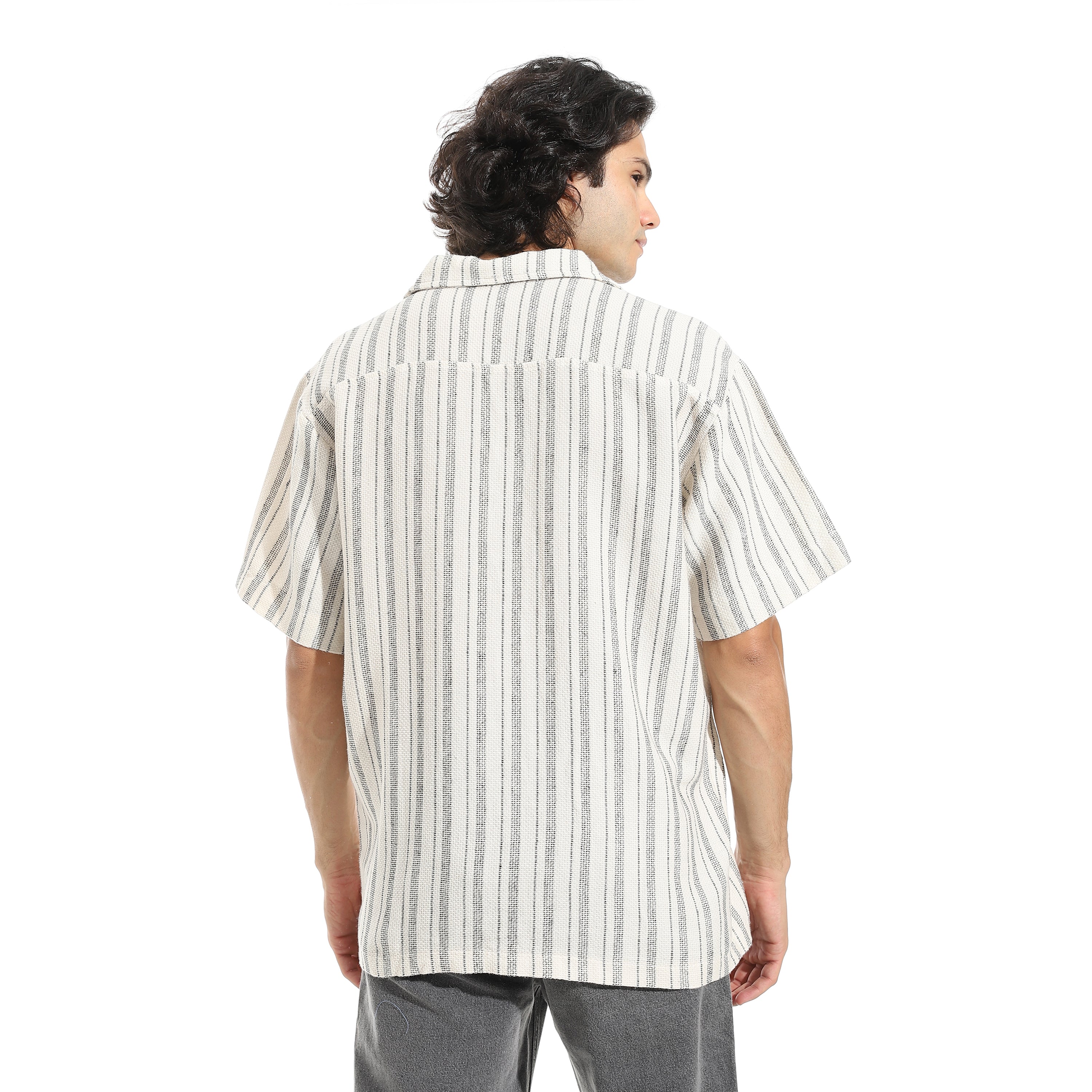 Men’s Short Sleeve Linen Striped Black Shirt