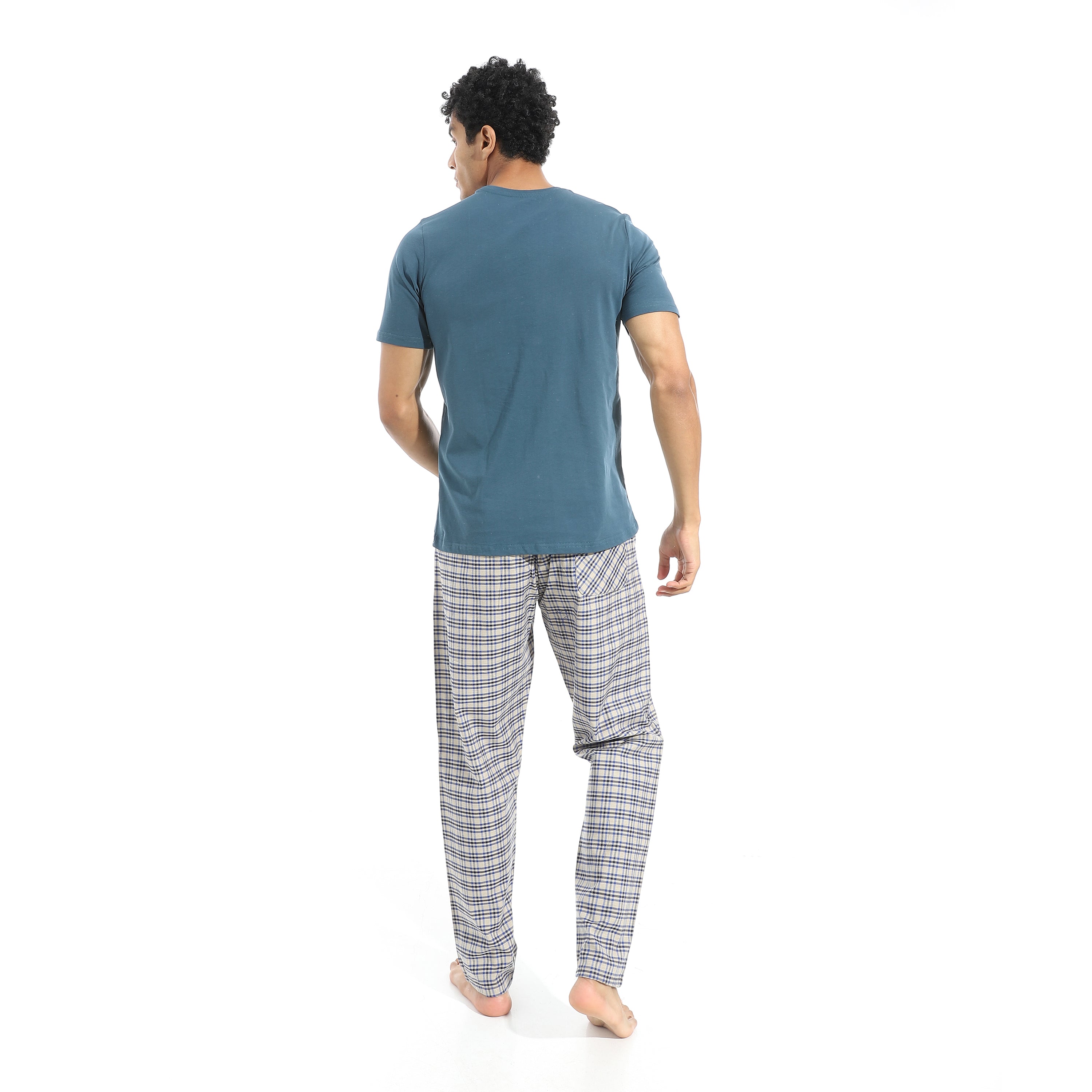 Men's Cotton Pajama Set – Petroleum Round neck T-Shirt & Petroleum Checkered Pants