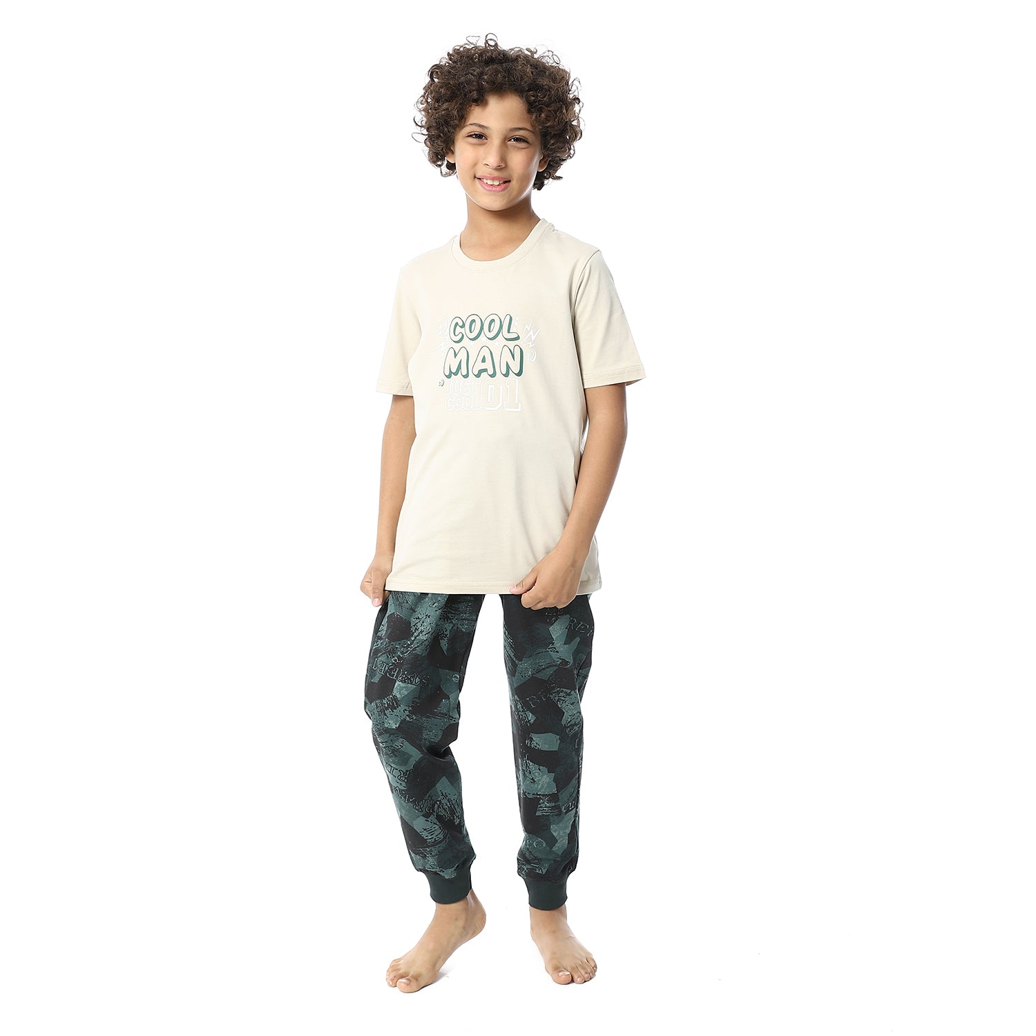 Boys' Cool Pajama Set - Graphic Tee and Camouflage Pants - Beige