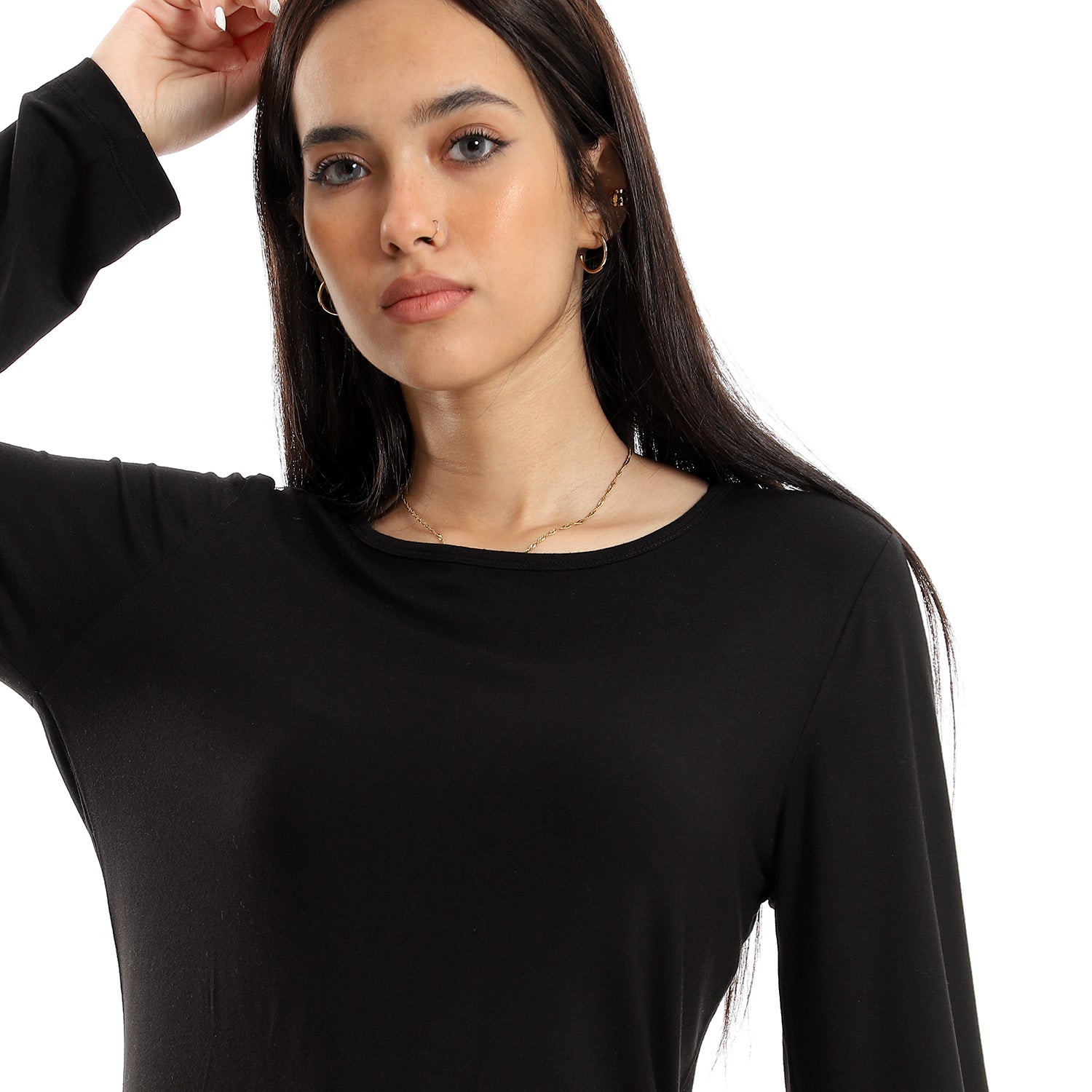 قميص نسائي أساسي، قبة دائرية، كم طويل - أسود