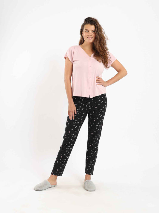 Women's summer pajama from red cotton - Black pants