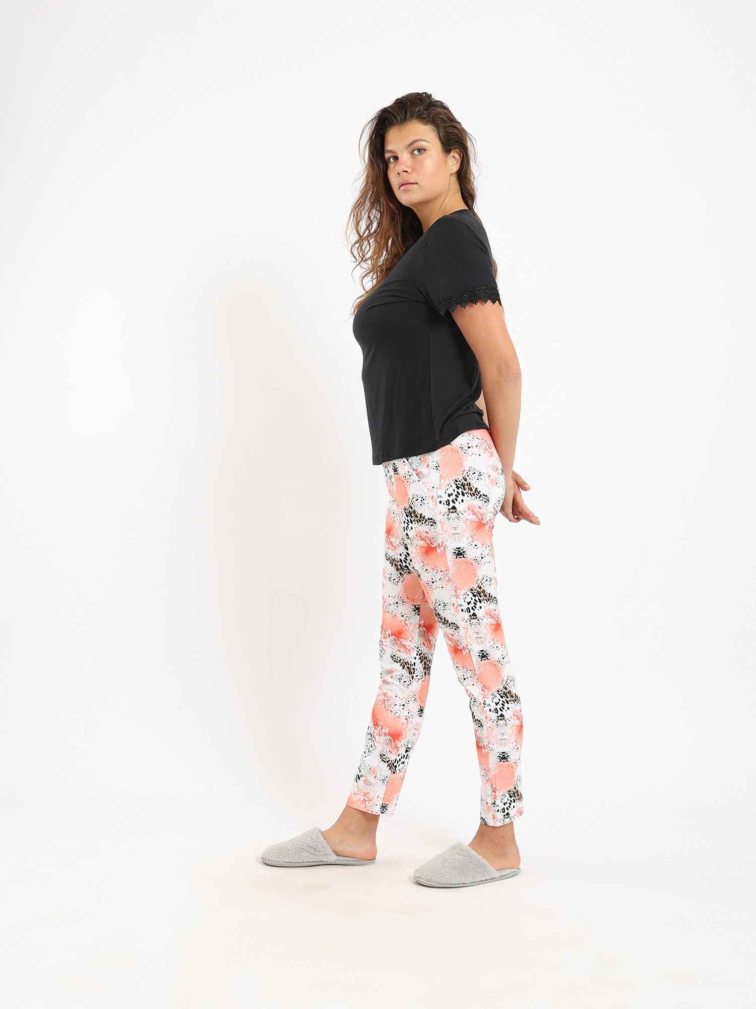 Women's summer pajama from red cotton - floral pants