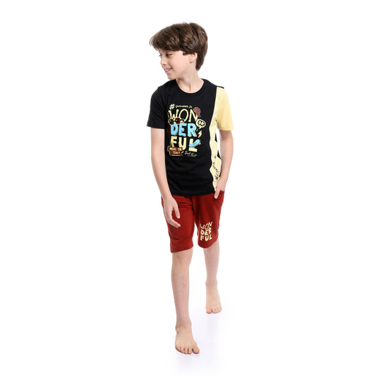 Boys Printed " Wonderful " Tee & Shorts Pajama Set - Multicolour