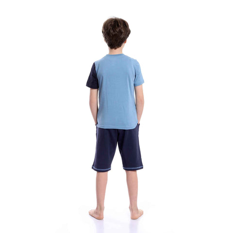 Boys Summer Cotton Tee & Shorts Pajama Set - Baby Blue & Navy Blue