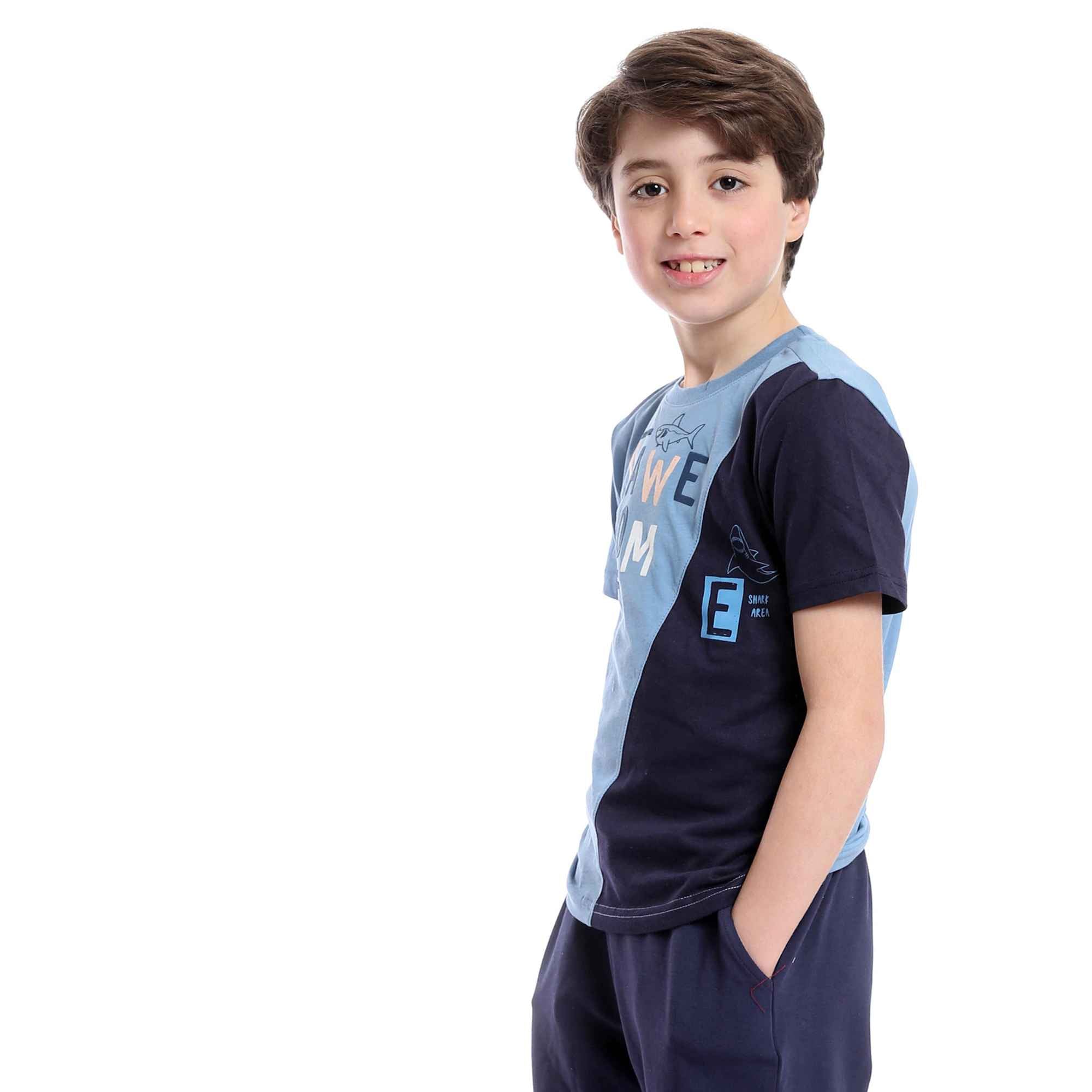 Boys Summer Cotton Tee & Shorts Pajama Set - Baby Blue & Navy Blue