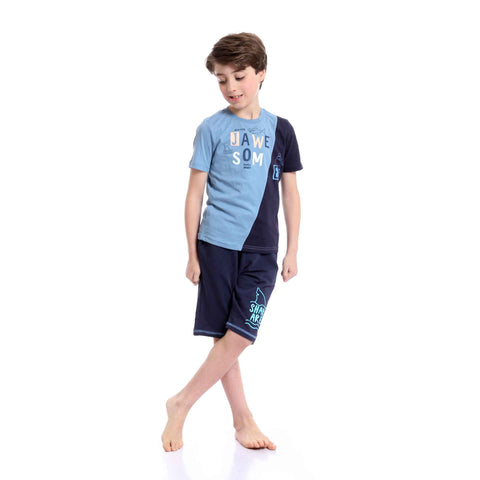Boys Summer Cotton Tee & Shorts Pajama Set - Baby Blue & Navy Blue