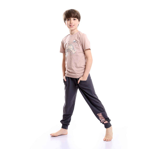 Boys Printed Dinosaur Cashmere Tee & Grey Pants Pajama Set