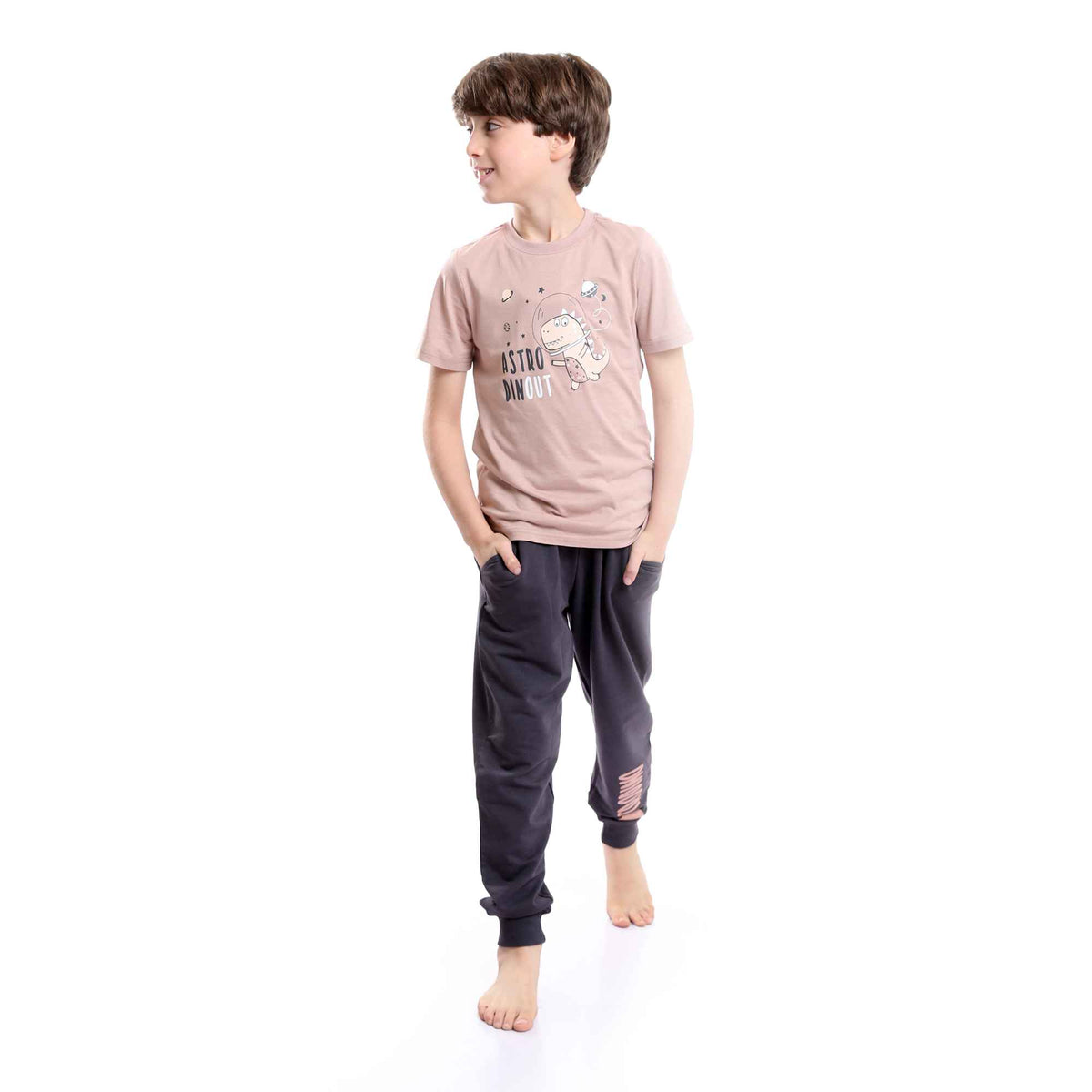 Boys Printed Dinosaur Cashmere Tee & Grey Pants Pajama Set