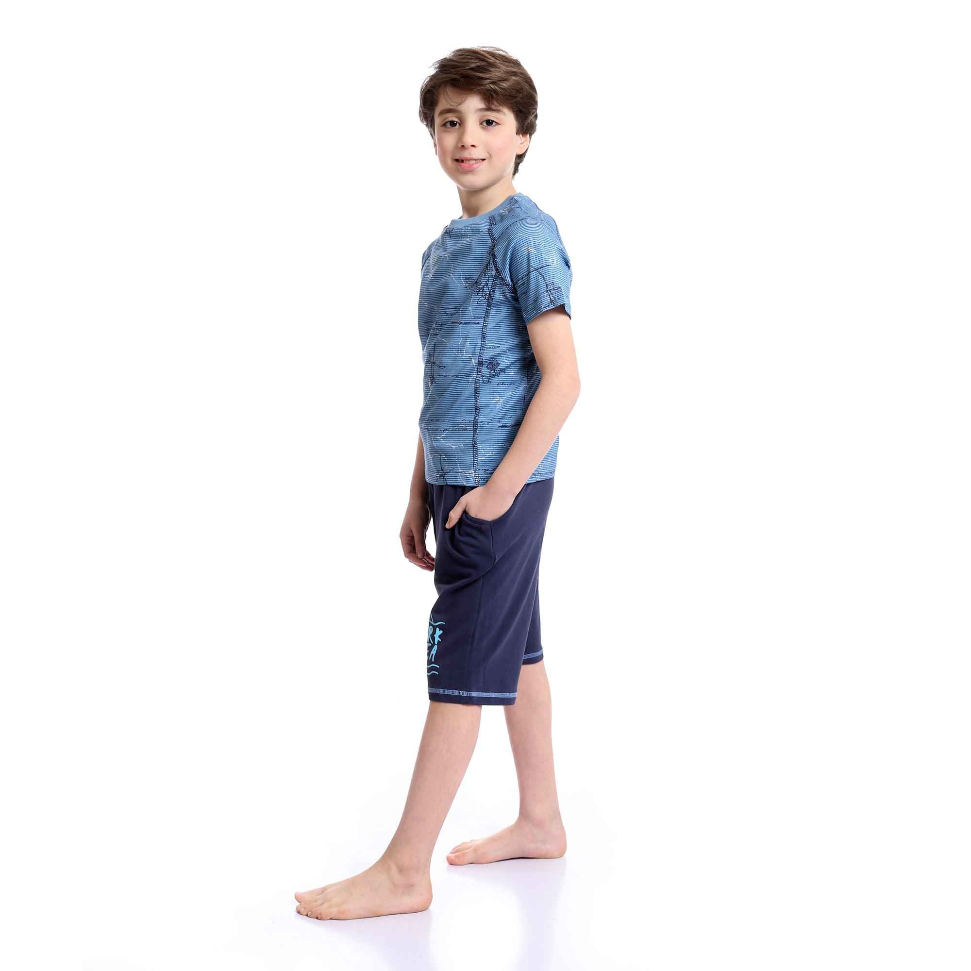 Boys Short Sleeves Tee & Slip On Shorts Pajama Set - Baby Blue & Navy Blue