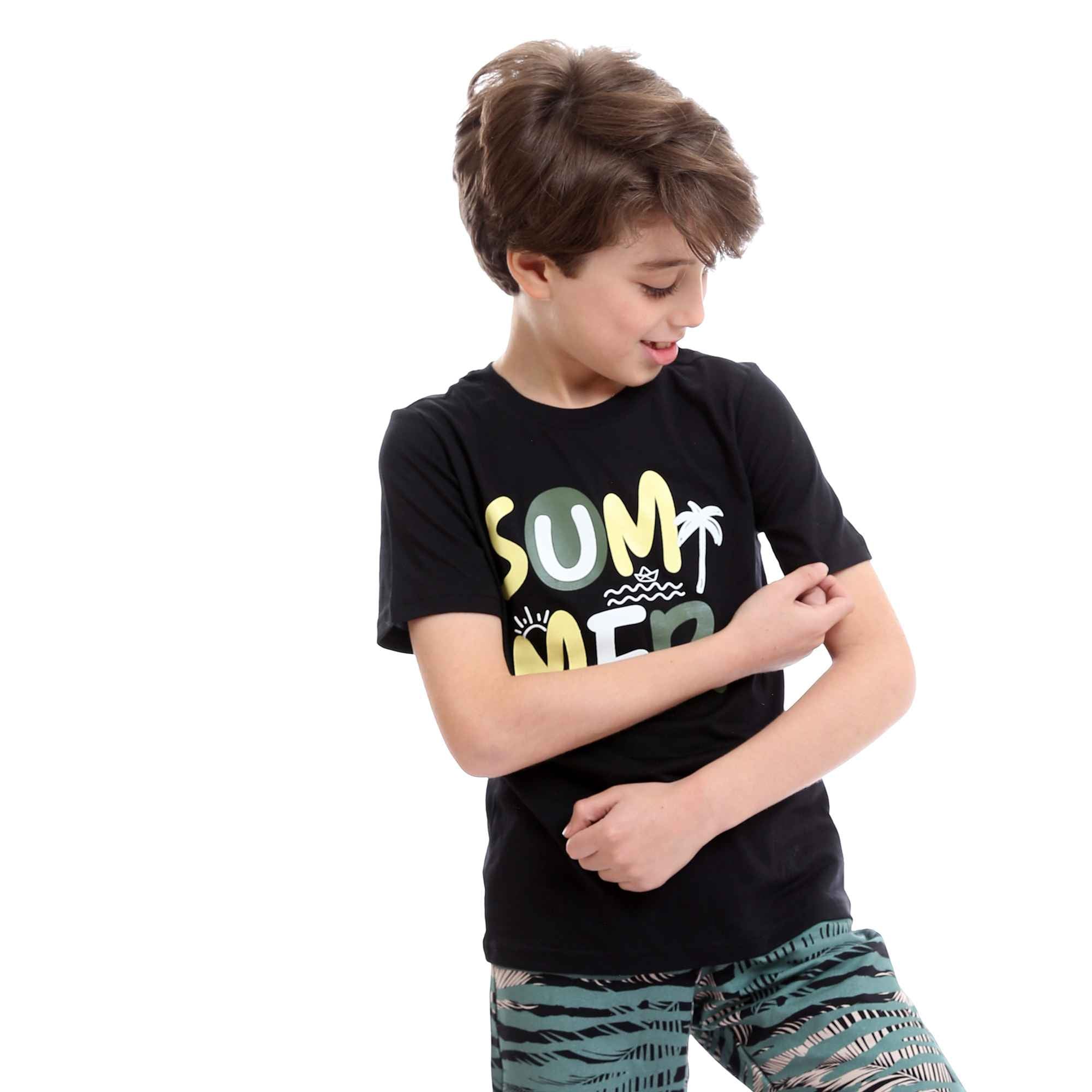 Boys Printed Colorful Summer & Shorts Pajama Set - Black & Mint Green