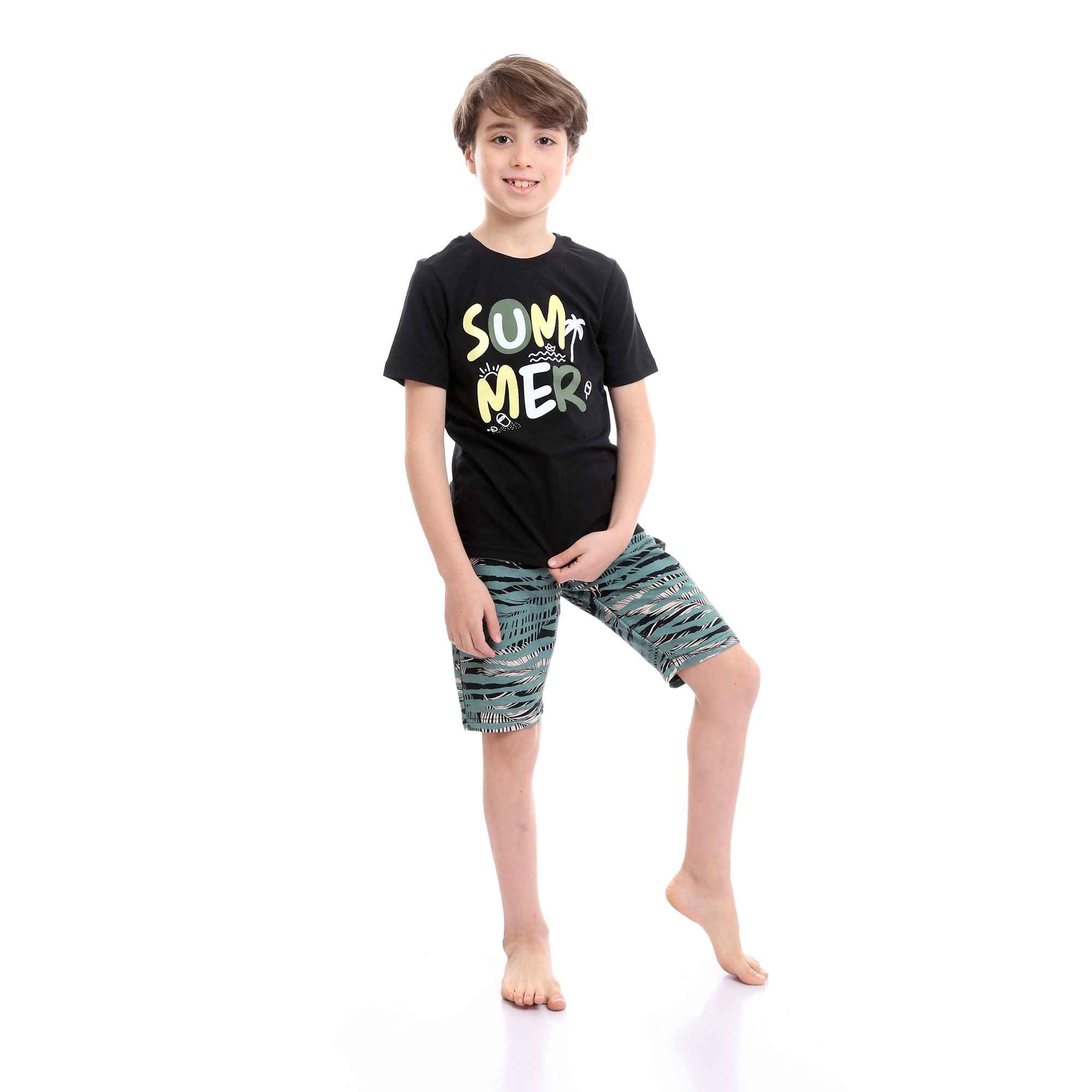 Boys Printed Colorful Summer & Shorts Pajama Set - Black & Mint Green