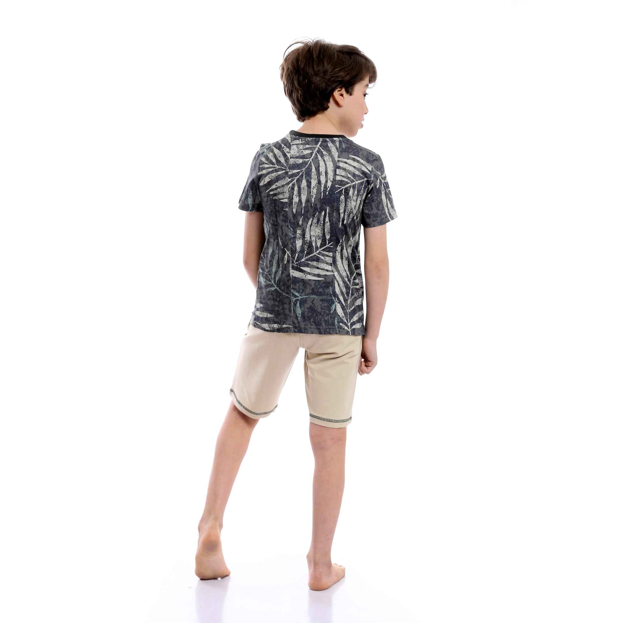 Boys Patterned Tee & Printed Shorts Pajama Set - Olive & Beige