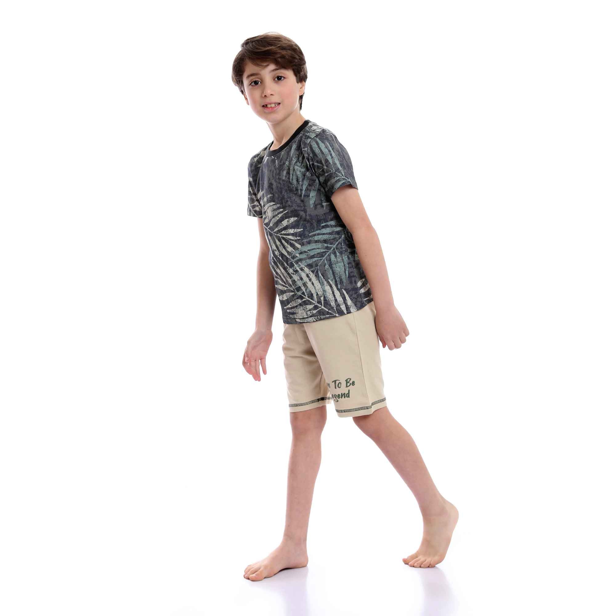 Boys Patterned Tee & Printed Shorts Pajama Set - Olive & Beige