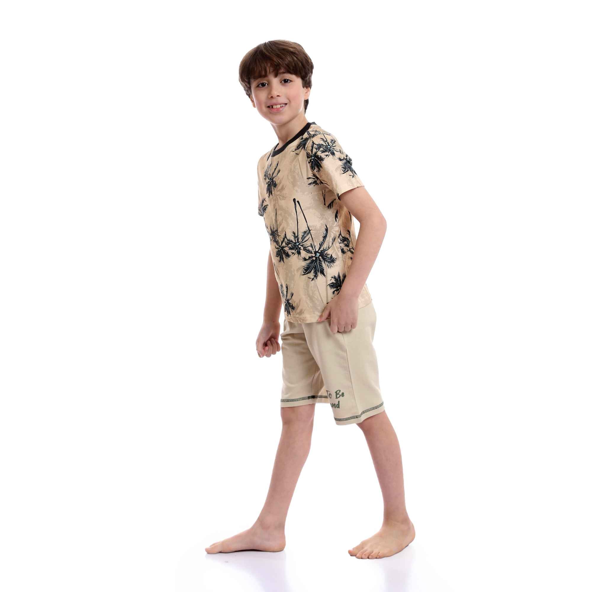 Boys Palm Tree Tee & Shorts Pajama Set - Yellow & Beige