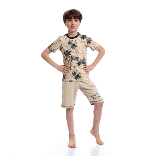 Boys Palm Tree Tee & Shorts Pajama Set - Yellow & Beige