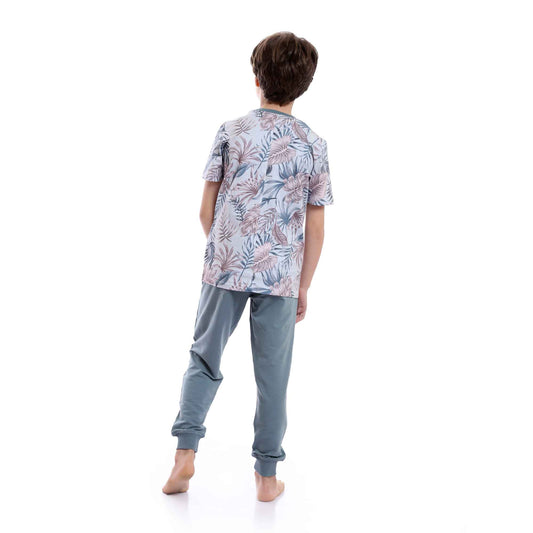 Boys Tropical Leaves Slip On Pants Pajama Set - Aqua & Beige