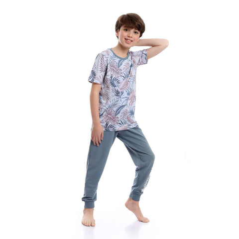 Boys Tropical Leaves Slip On Pants Pajama Set - Aqua & Beige
