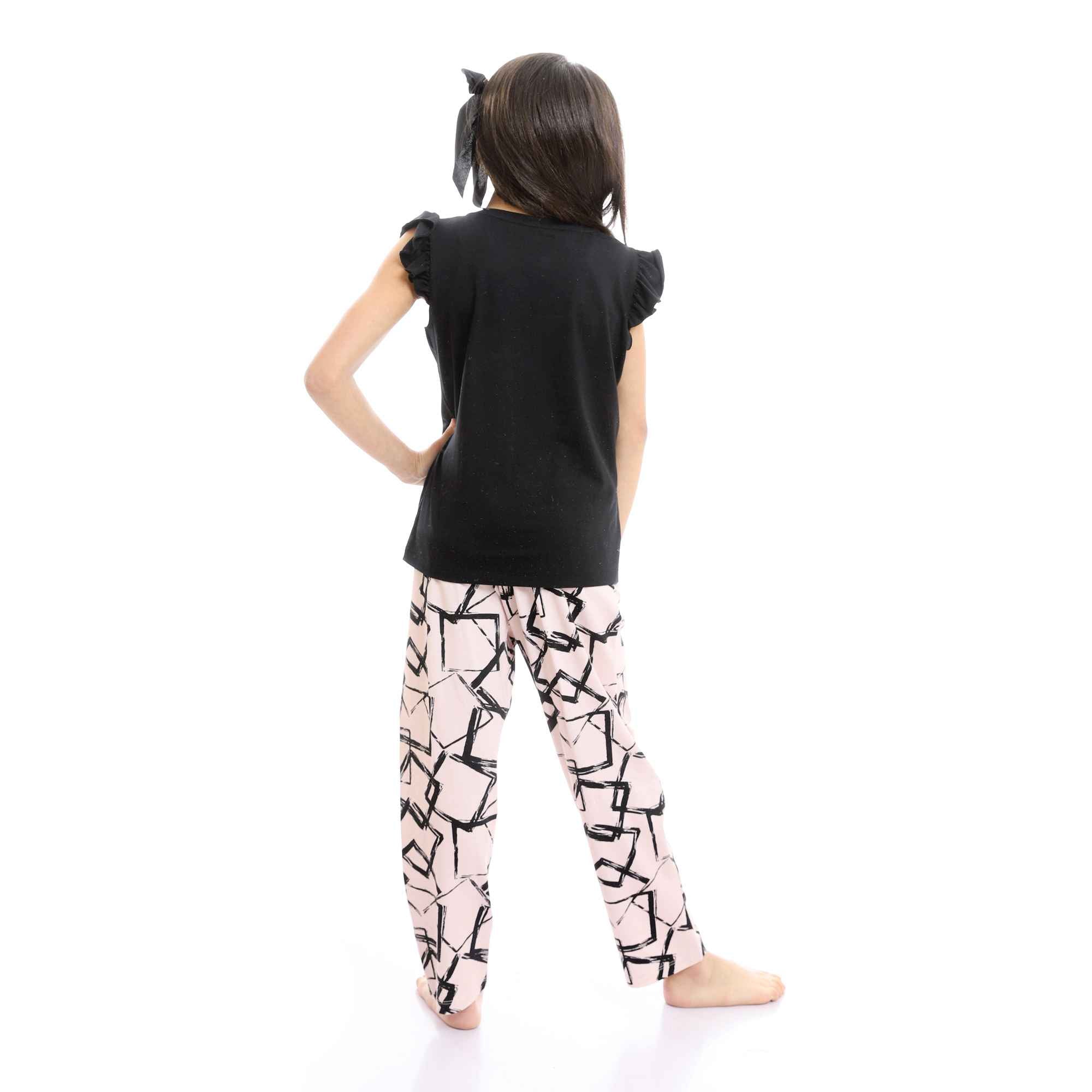 Girls Cap Sleeves Tee & Patterned Pants Pajama Set - Black & Rose