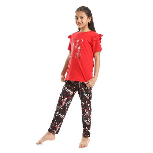 Girls Ruffled Shoulders & Patterned Pants Pajama Set - Red & Olive