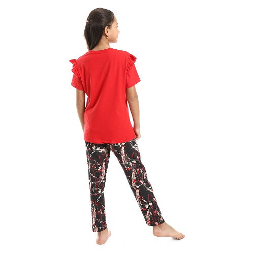 Girls Ruffled Shoulders & Patterned Pants Pajama Set - Red & Olive