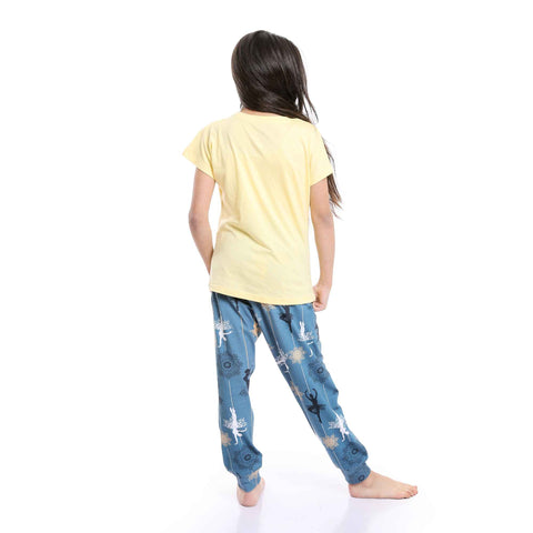 Girls Printed Ballerina Tee & Pants Pajama Set - Yellow & Steel Blue