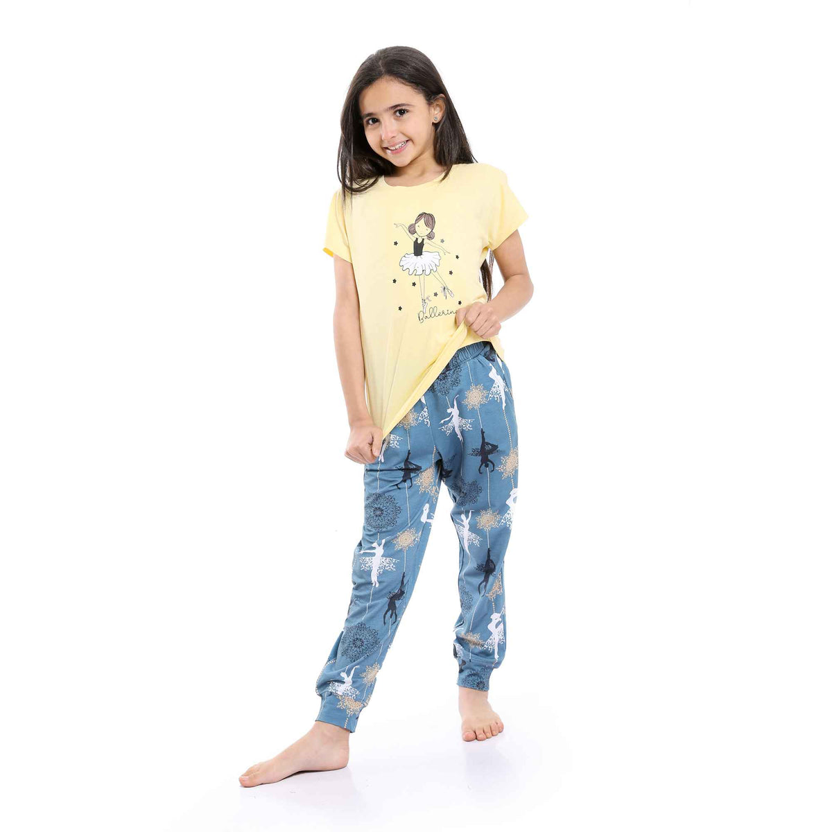 Girls Printed Ballerina Tee & Pants Pajama Set - Yellow & Steel Blue