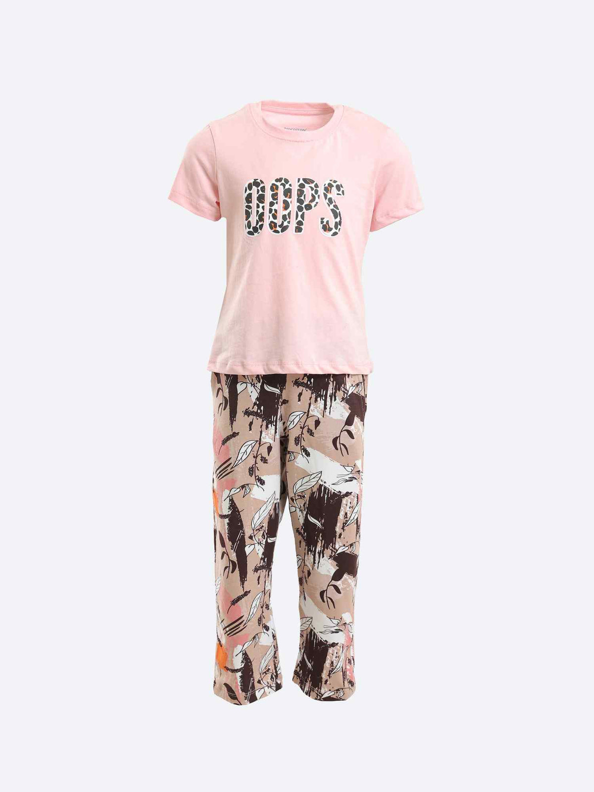 Girls OOPS Cotton Tee & Patterned Pants Pajama Set - Multicolour