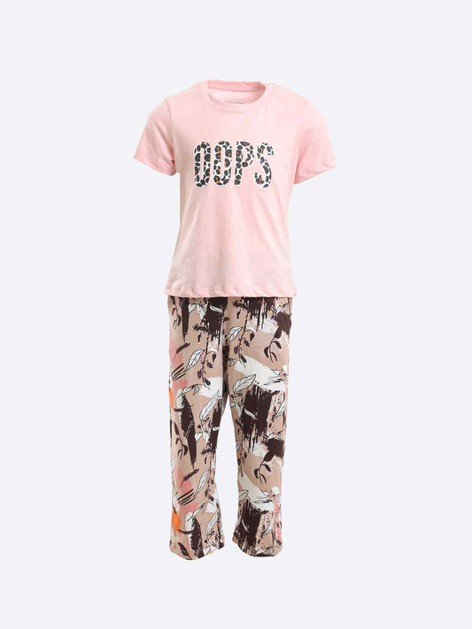 Girls OOPS Cotton Tee & Patterned Pants Pajama Set - Multicolour