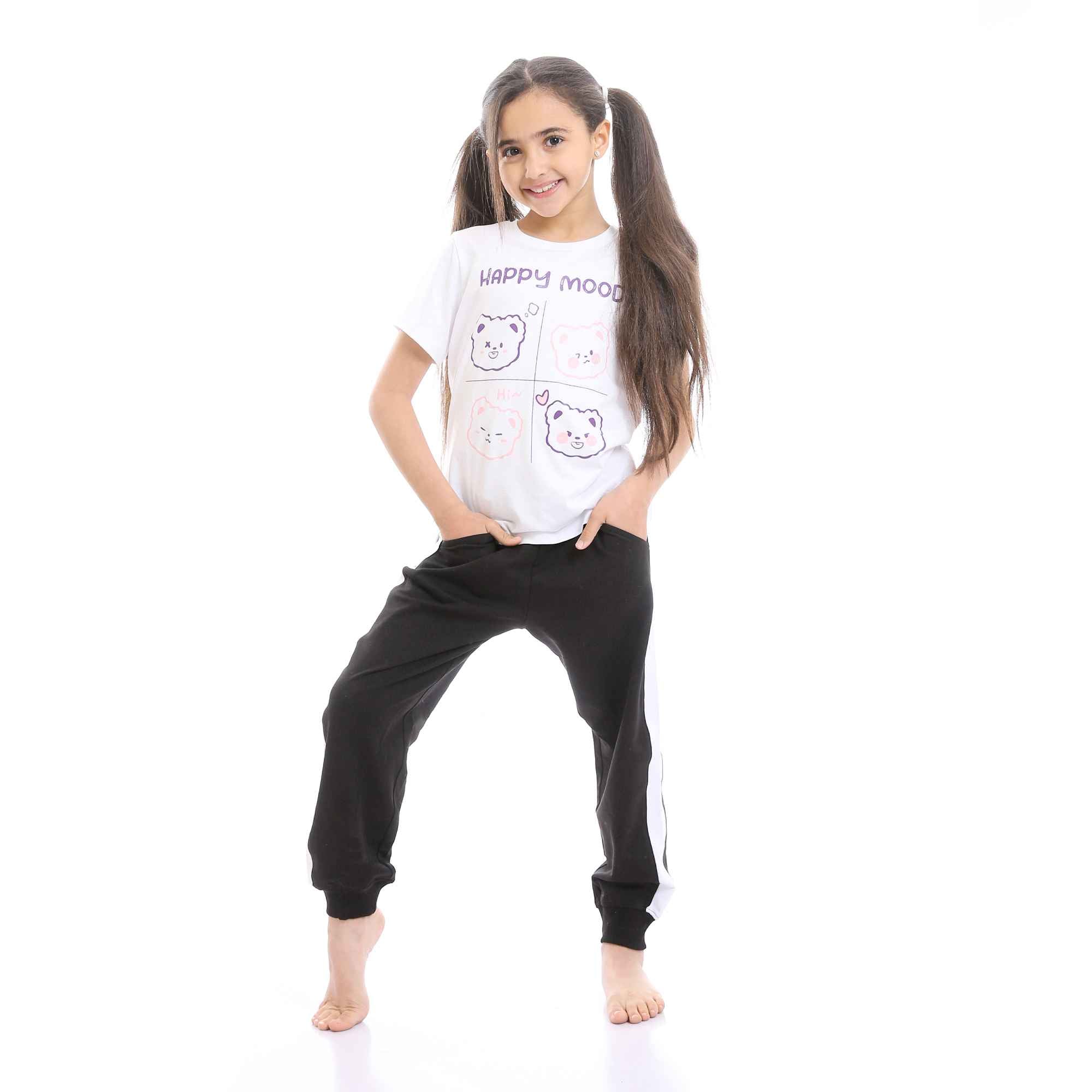 Girls Simon Printed "Happy Mood" Tee & Black Pants Pajama Set