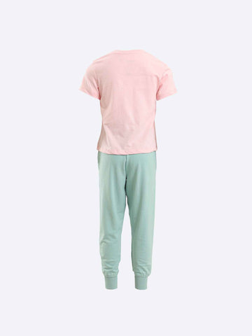 Girls Printed Short Sleeves Tee & Pants Pajama Set - Mint & Pastel Mint