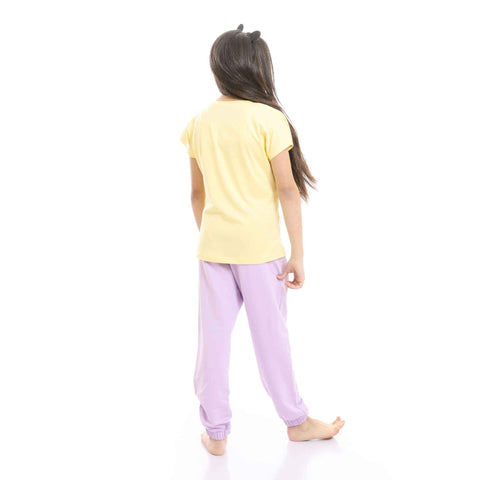 Girls Printed Doll Yellow Tee & Mauve Pants Pajama Set