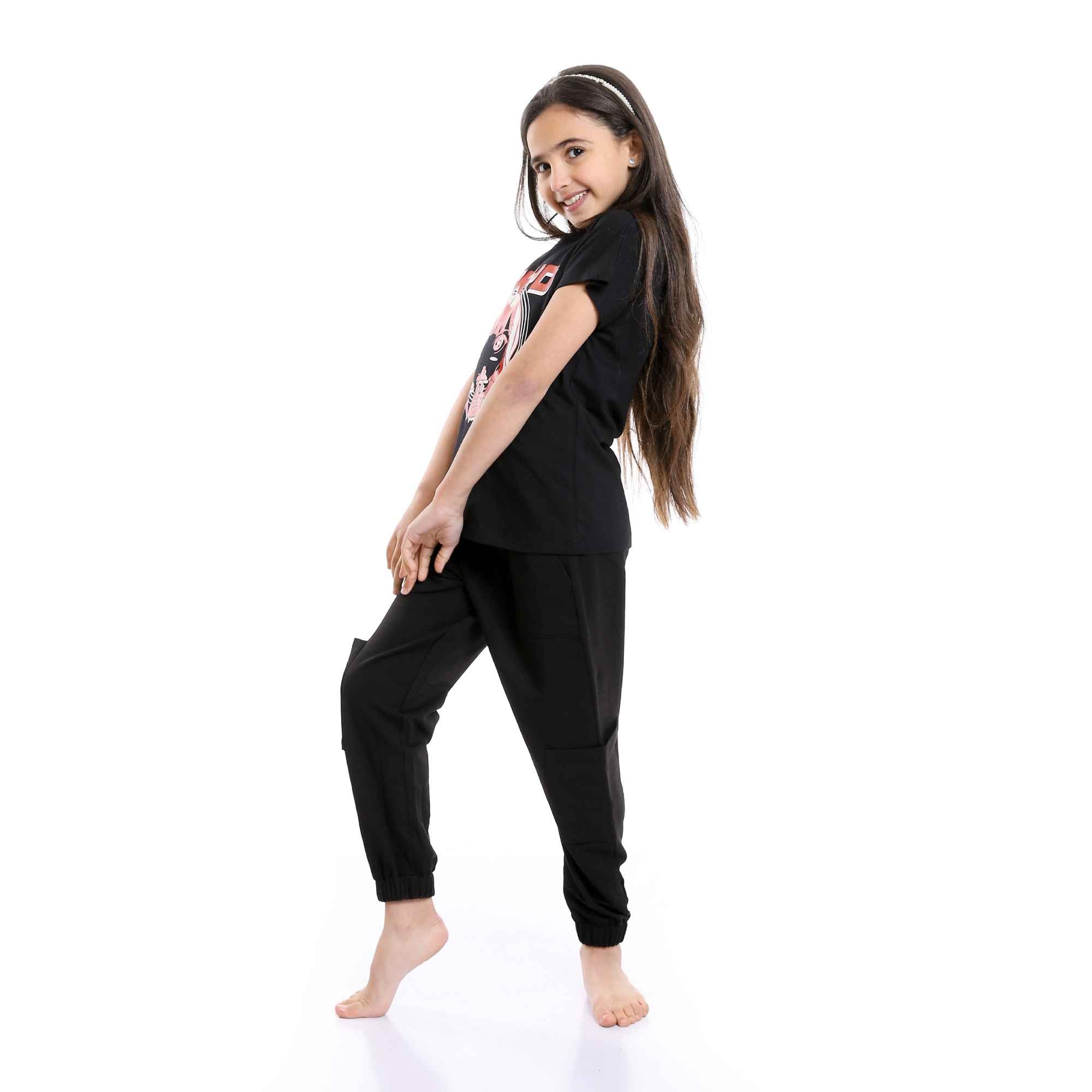 Girls Printed Tokyo Tee & Pants Pajama Set - Black