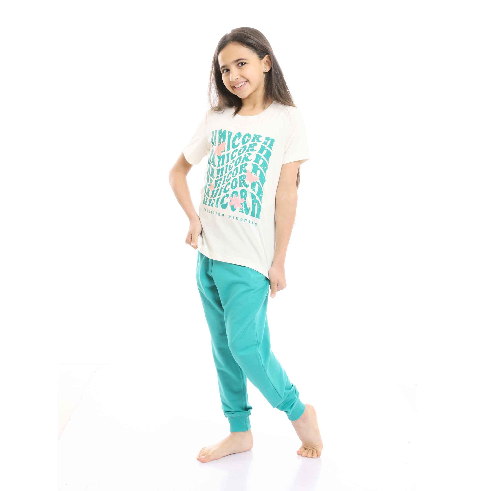 Girls Beige Printed Unicorn Cotton Tee & Tiffany Pants Pajama Set